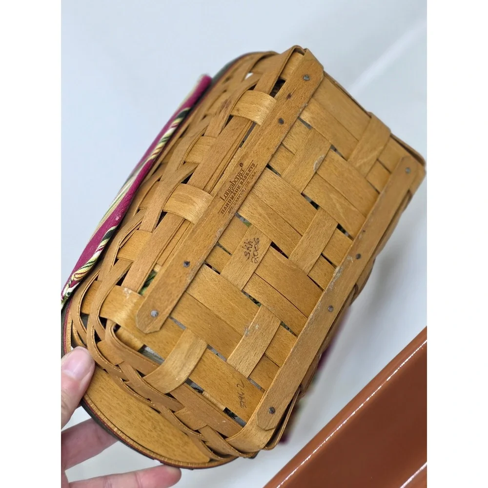 Longaberger Holiday Helper Basket Brown Red Striped Liner Pottery Casserole Dish
